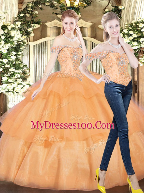 Custom Design Orange Red Organza Lace Up Off The Shoulder Sleeveless Floor Length Quinceanera Gowns Beading and Ruffled Layers