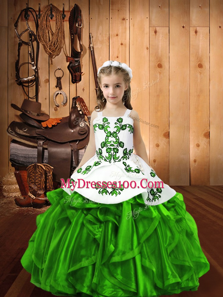Sleeveless Floor Length Beading and Ruffles Lace Up Girls Pageant Dresses with Green