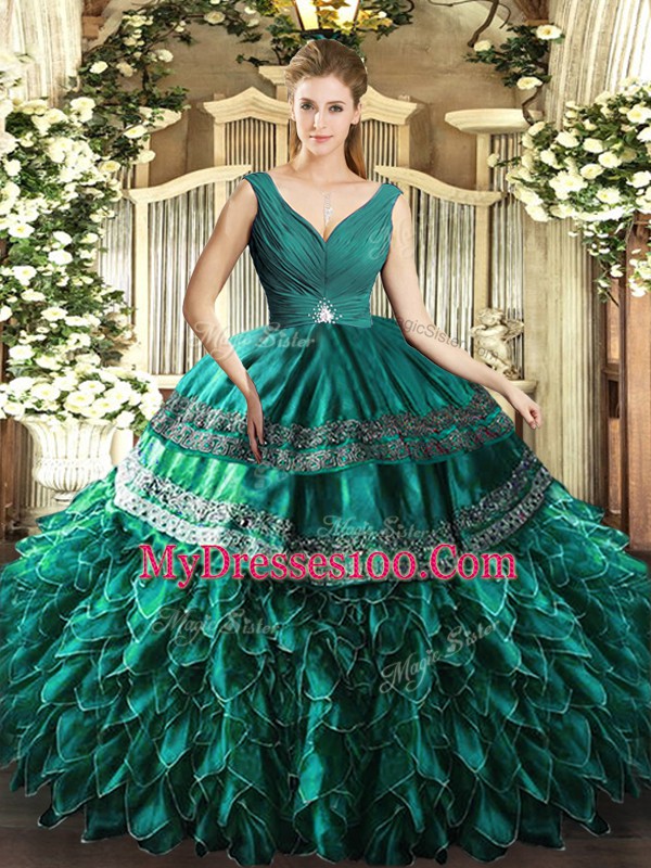 Turquoise Ball Gowns Organza V-neck Sleeveless Beading and Ruffles Floor Length Backless 15th Birthday Dress
