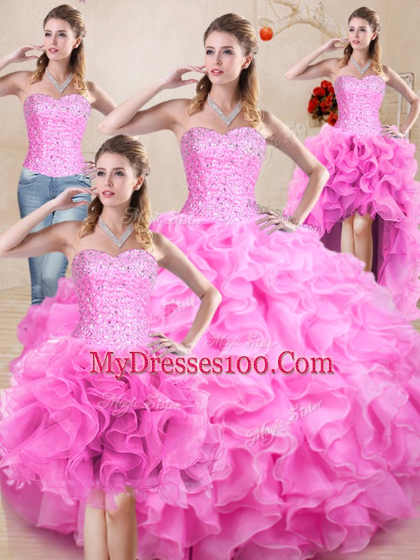 Rose Pink Sweetheart Neckline Beading and Ruffles Quinceanera Dresses Sleeveless Lace Up