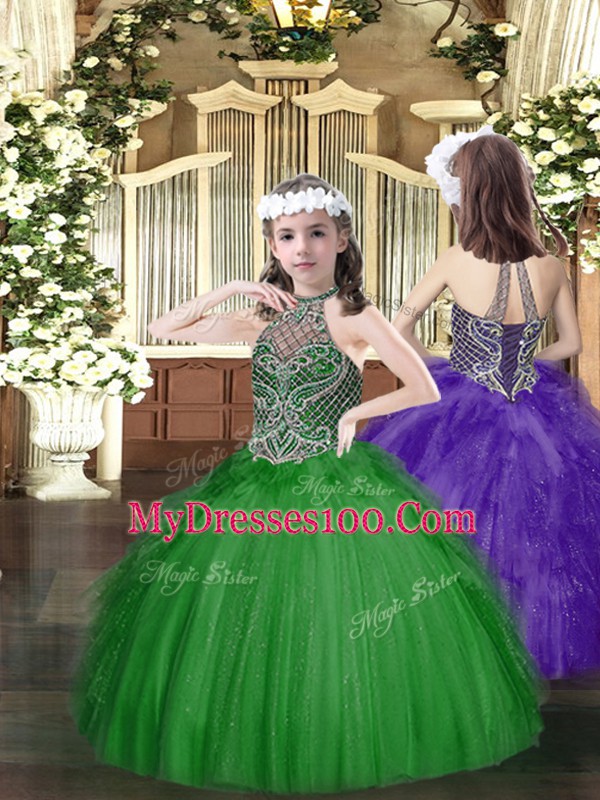 Halter Top Sleeveless Lace Up Little Girls Pageant Dress Dark Green Tulle