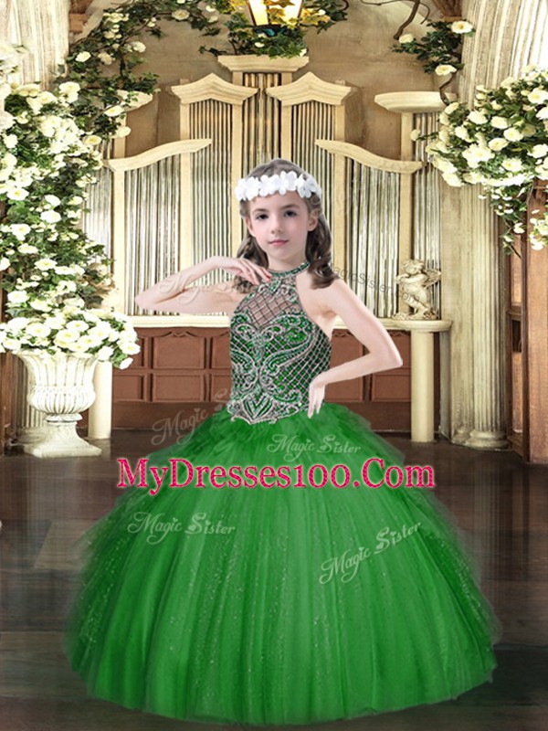 Halter Top Sleeveless Lace Up Little Girls Pageant Dress Dark Green Tulle