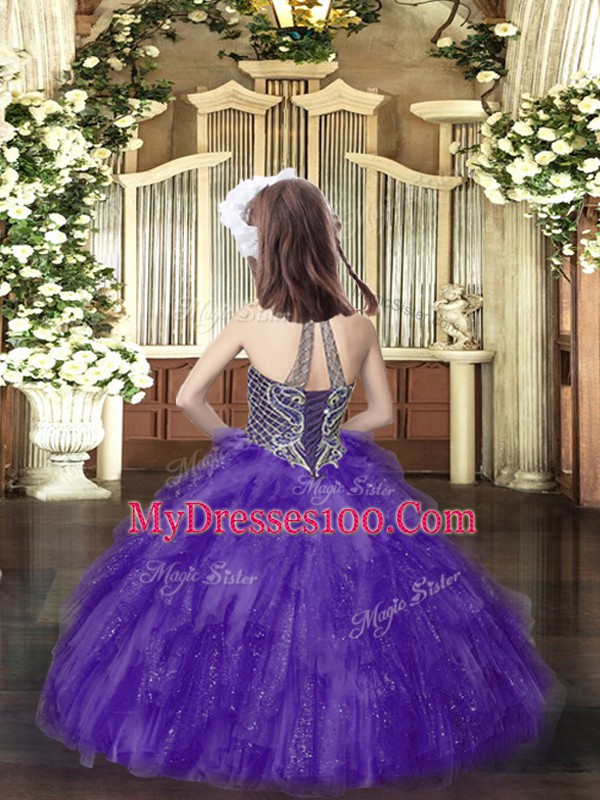 Halter Top Sleeveless Lace Up Little Girls Pageant Dress Dark Green Tulle