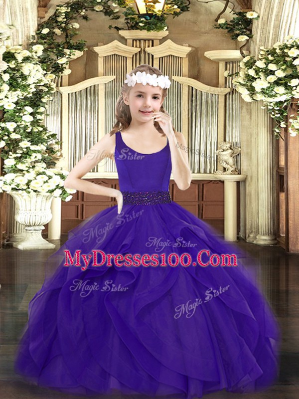 Scoop Sleeveless Zipper Evening Gowns Purple Tulle