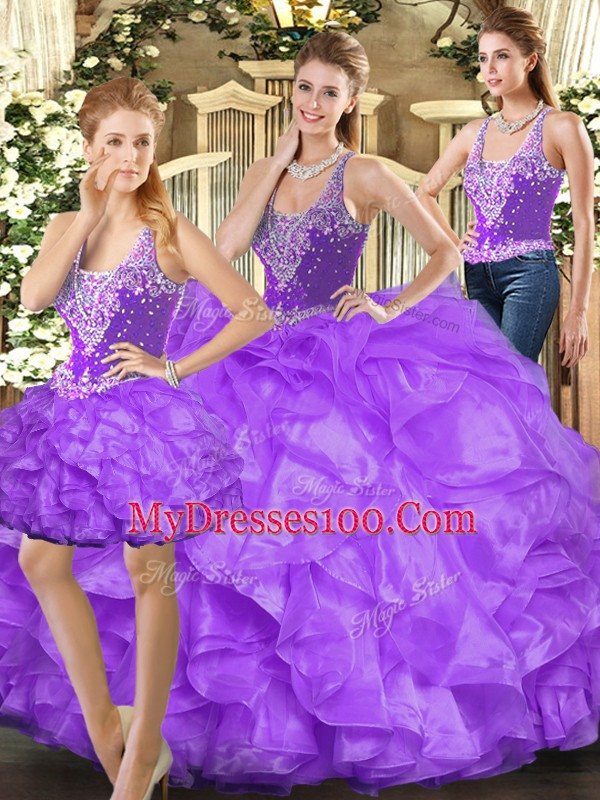 Glorious Sleeveless Floor Length Beading and Ruffles Lace Up Ball Gown Prom Dress with Eggplant Purple