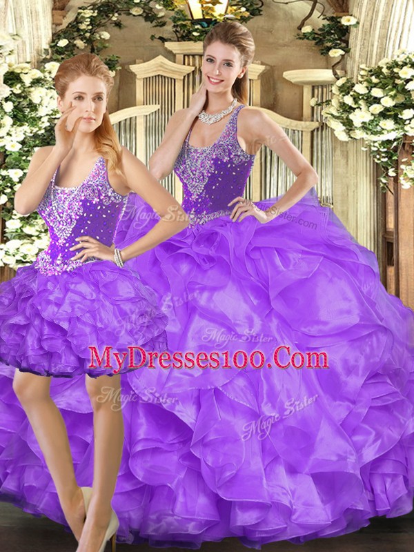 Glorious Sleeveless Floor Length Beading and Ruffles Lace Up Ball Gown Prom Dress with Eggplant Purple