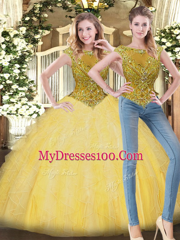 Graceful Scoop Sleeveless Sweet 16 Quinceanera Dress Floor Length Beading and Ruffles Yellow Tulle