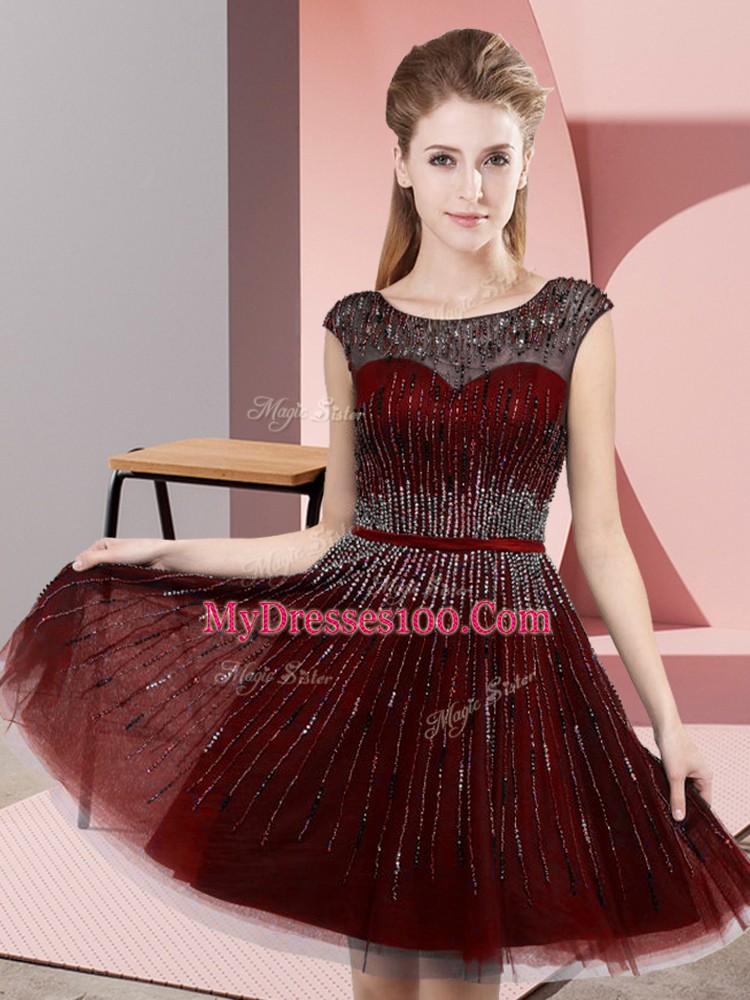 Delicate Burgundy Tulle Backless Evening Dress Sleeveless Knee Length Beading