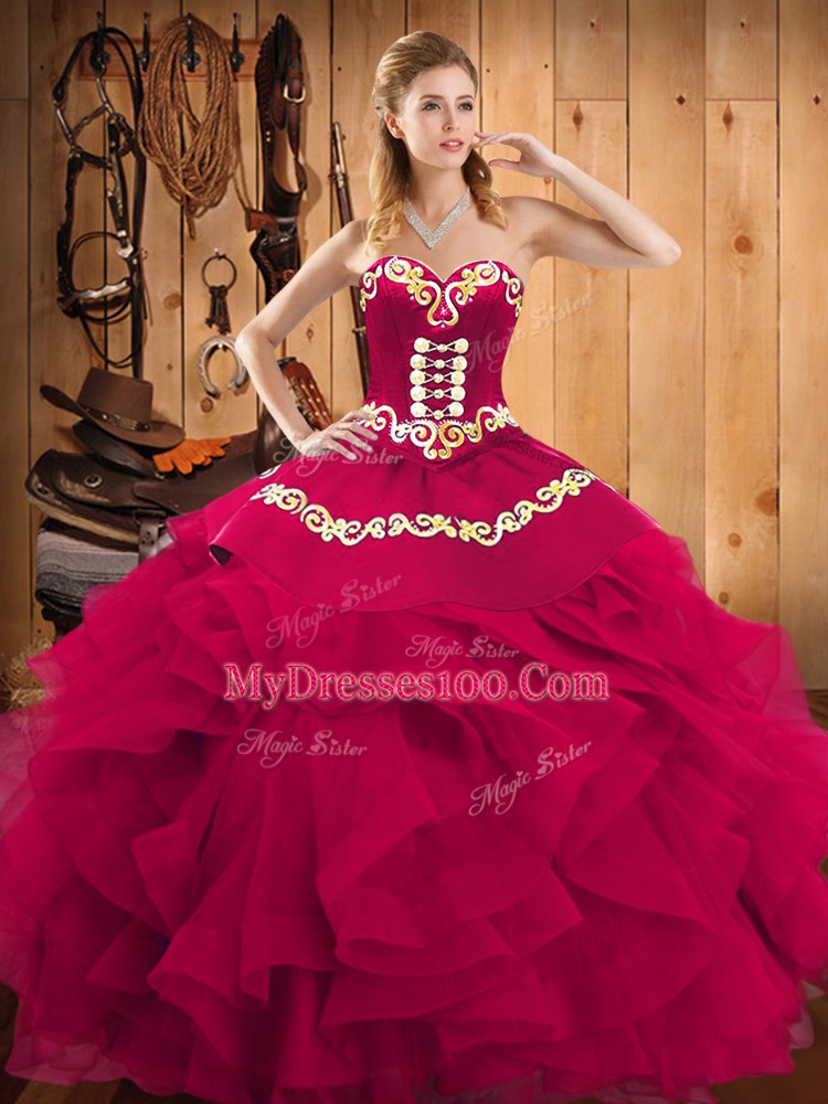 Fuchsia Sweetheart Lace Up Embroidery and Ruffles 15 Quinceanera Dress Sleeveless