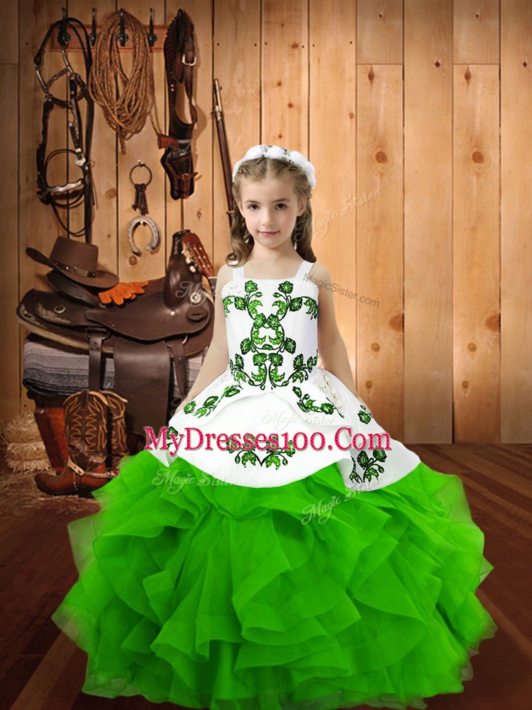 New Style Sleeveless Organza Floor Length Lace Up Child Pageant Dress in with Embroidery and Ruffles