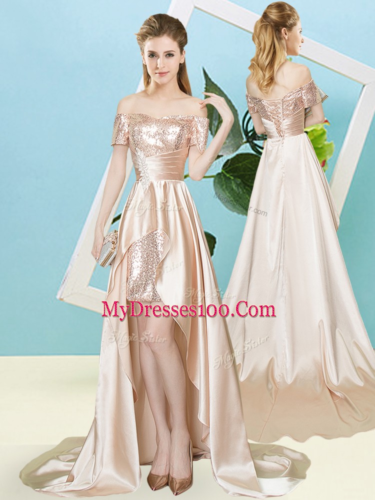 Discount Short Sleeves Sequins Lace Up Dress for Prom