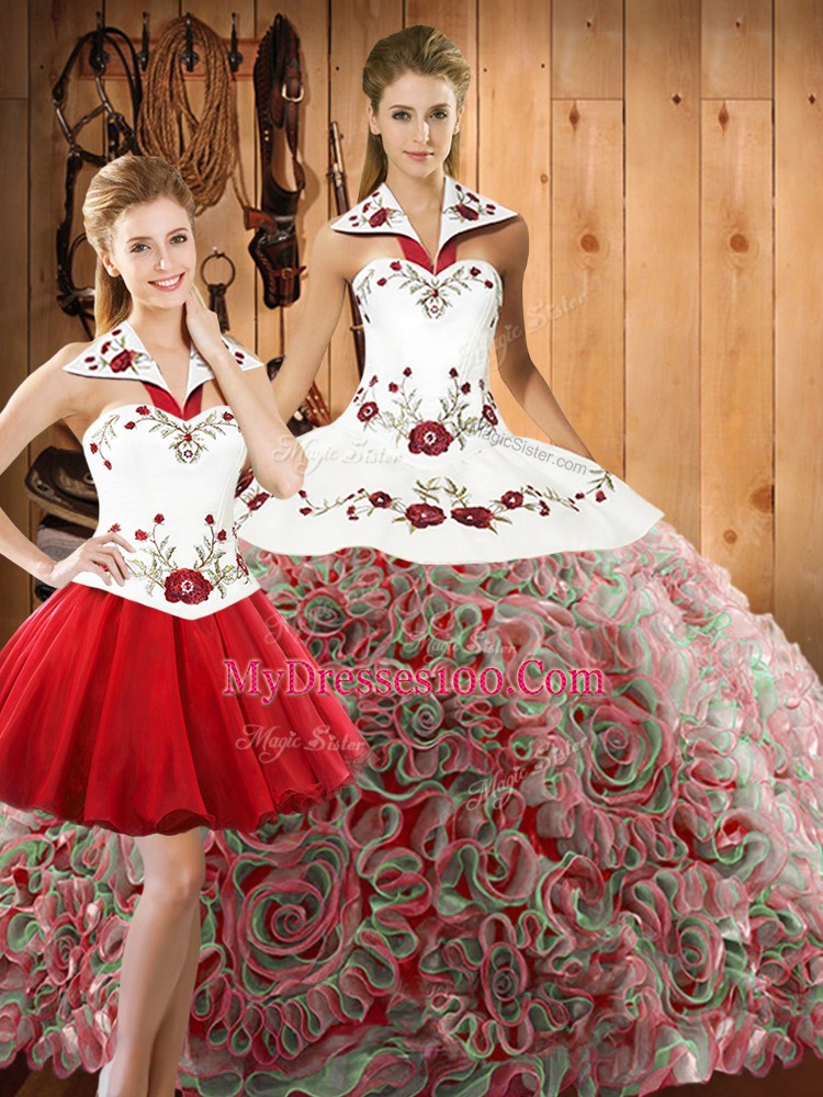 Sweet Sleeveless Lace Up Floor Length Embroidery Quinceanera Gowns