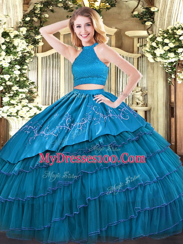 Adorable Teal Organza Backless Quinceanera Gown Sleeveless Floor Length Beading and Embroidery and Ruffled Layers