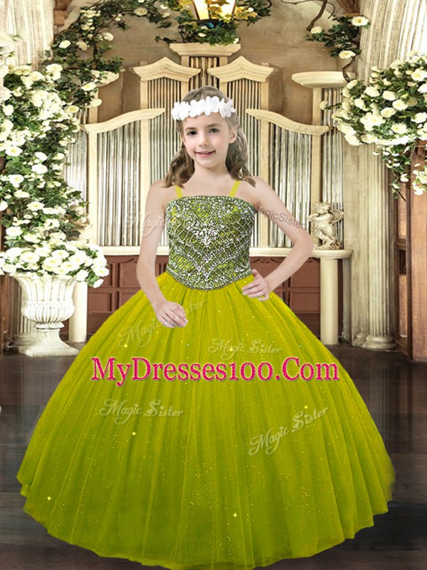 Olive Green Sleeveless Tulle Lace Up Little Girl Pageant Dress for Party and Quinceanera
