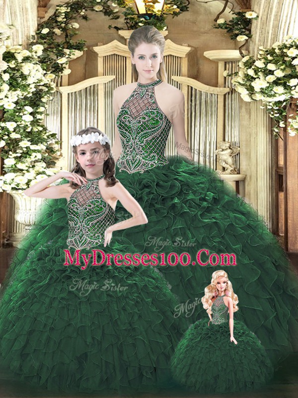 Comfortable Beading and Ruffles Vestidos de Quinceanera Dark Green Lace Up Sleeveless Floor Length