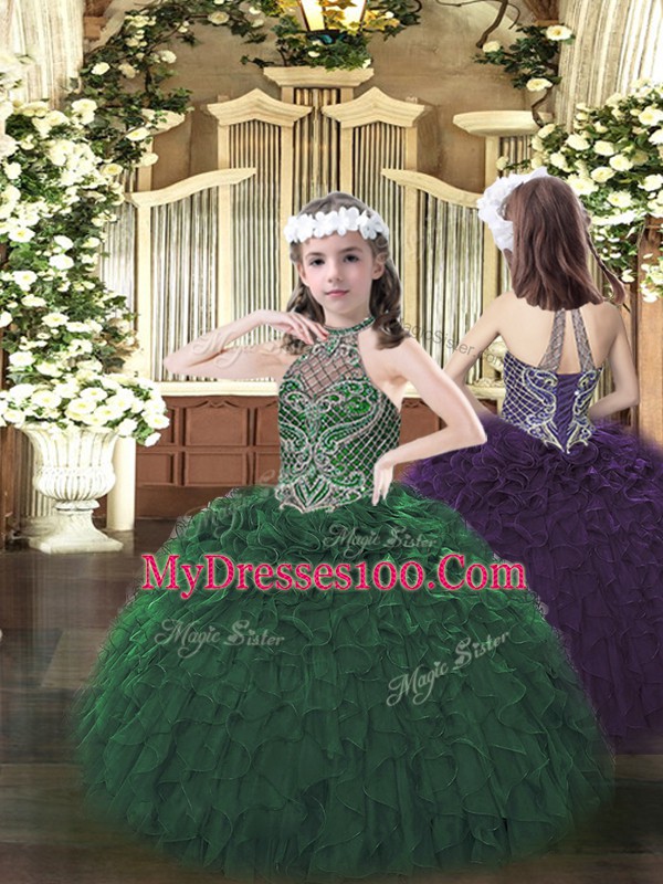 Comfortable Beading and Ruffles Vestidos de Quinceanera Dark Green Lace Up Sleeveless Floor Length
