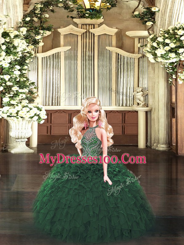 Comfortable Beading and Ruffles Vestidos de Quinceanera Dark Green Lace Up Sleeveless Floor Length