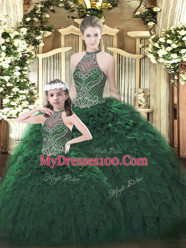 Comfortable Beading and Ruffles Vestidos de Quinceanera Dark Green Lace Up Sleeveless Floor Length