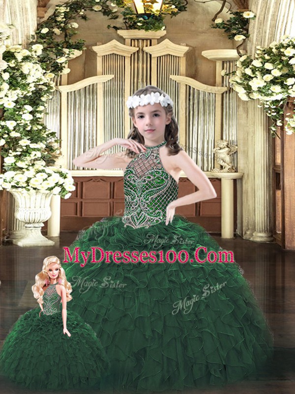Comfortable Beading and Ruffles Vestidos de Quinceanera Dark Green Lace Up Sleeveless Floor Length