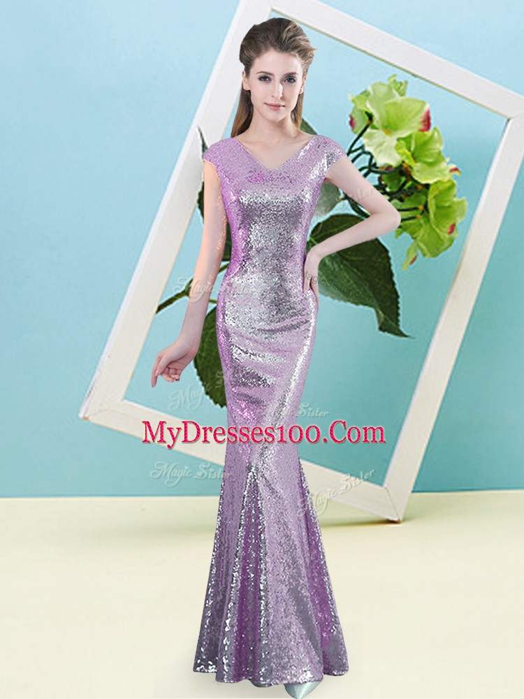 Lilac Sequined Zipper V-neck Cap Sleeves Floor Length Prom Dress Sequins