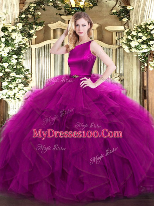 Captivating Ruffles Sweet 16 Dress Fuchsia Clasp Handle Sleeveless Floor Length