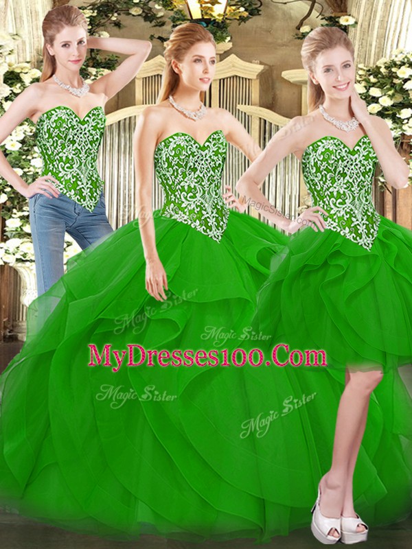 Colorful Sleeveless Floor Length Beading and Ruffles Lace Up Quinceanera Gown with Green