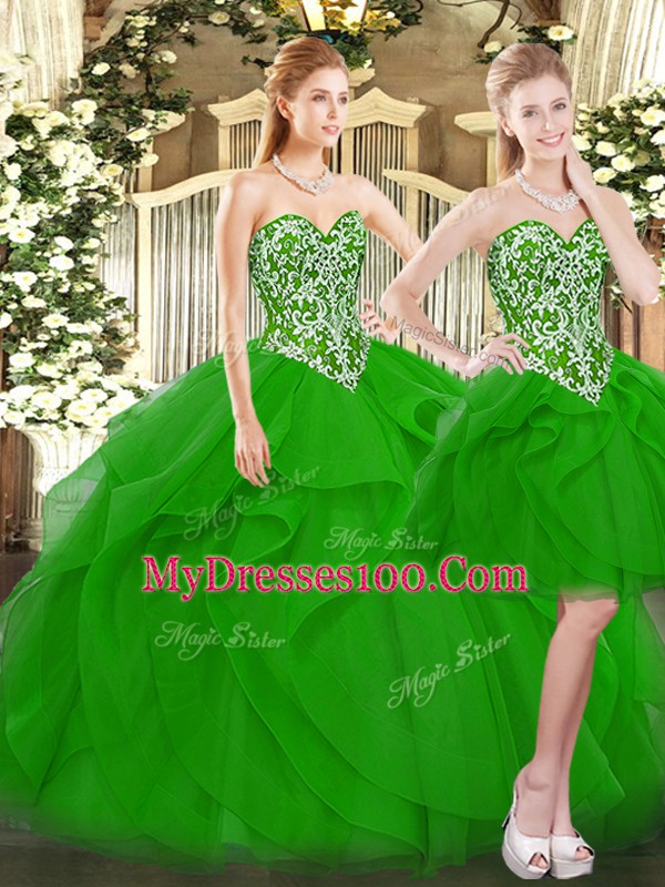 Colorful Sleeveless Floor Length Beading and Ruffles Lace Up Quinceanera Gown with Green