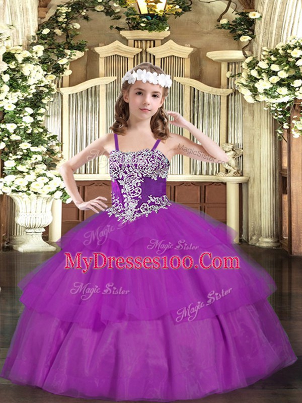 Enchanting Floor Length Lace Up Pageant Dress Fuchsia for Party and Quinceanera with Appliques and Ruffled Layers