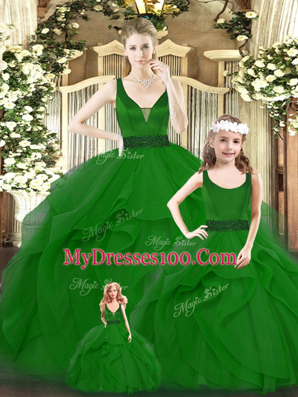Green Sweet 16 Quinceanera Dress Military Ball and Sweet 16 and Quinceanera with Ruffles V-neck Sleeveless Zipper