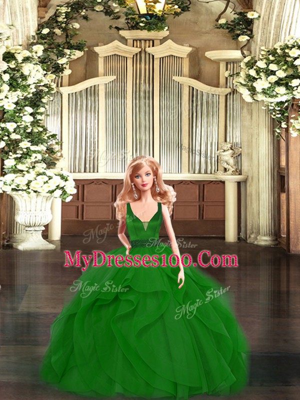 Green Sweet 16 Quinceanera Dress Military Ball and Sweet 16 and Quinceanera with Ruffles V-neck Sleeveless Zipper