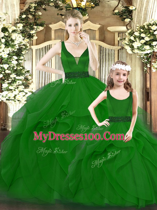 Green Sweet 16 Quinceanera Dress Military Ball and Sweet 16 and Quinceanera with Ruffles V-neck Sleeveless Zipper