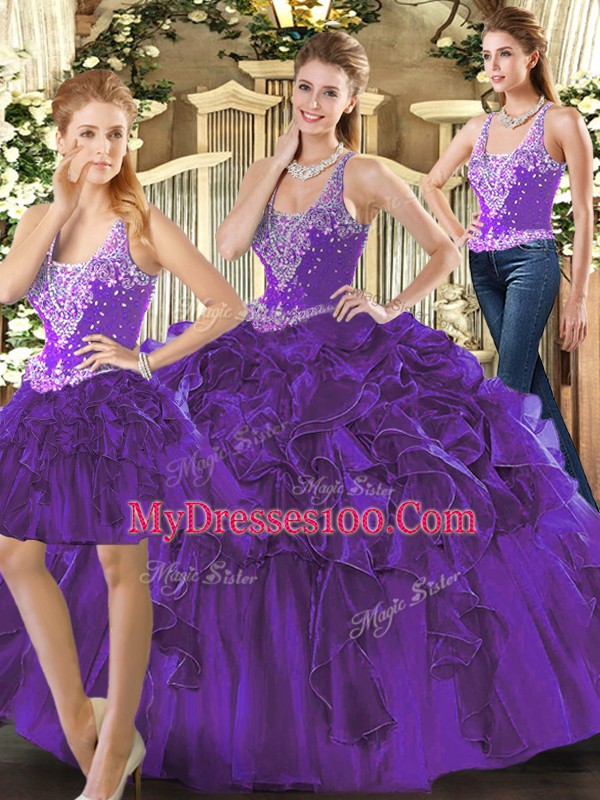 Admirable Purple Straps Lace Up Beading and Ruffles Vestidos de Quinceanera Sleeveless