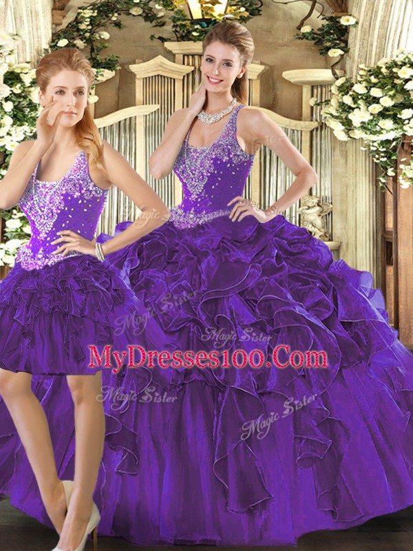 Admirable Purple Straps Lace Up Beading and Ruffles Vestidos de Quinceanera Sleeveless
