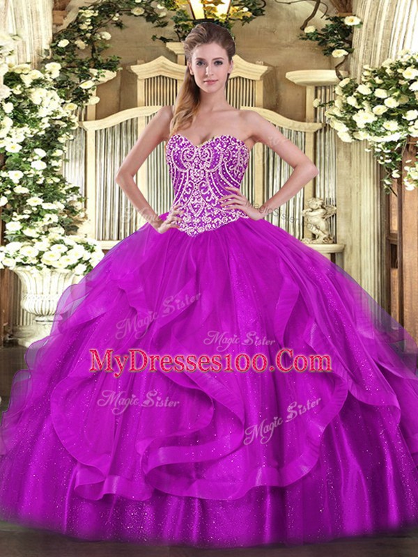 Fuchsia 15th Birthday Dress Military Ball and Sweet 16 and Quinceanera with Beading and Ruffles Sweetheart Sleeveless Lace Up