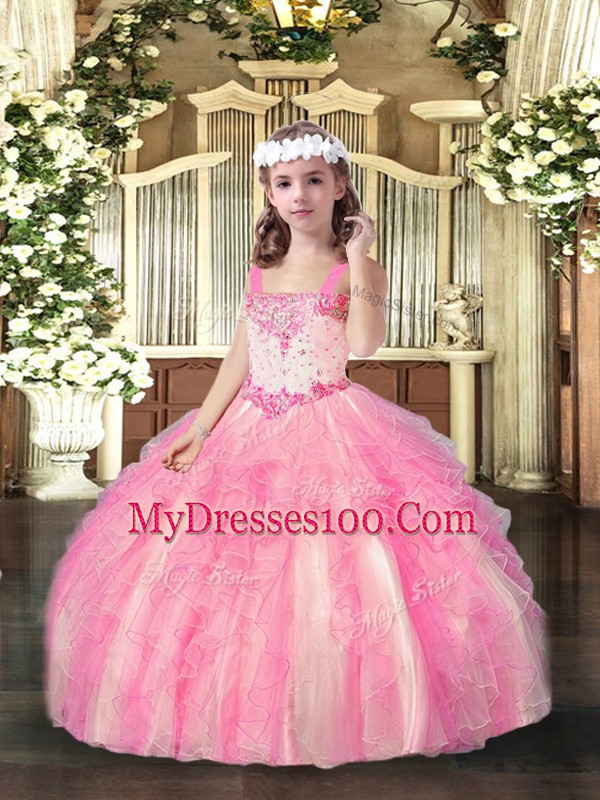 Rose Pink Lace Up Straps Beading and Ruffles Little Girls Pageant Dress Wholesale Organza Sleeveless