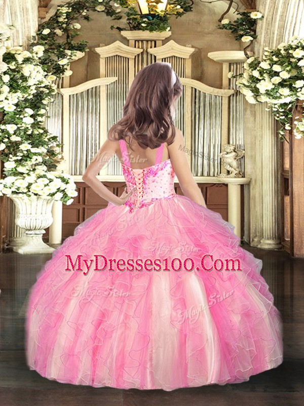 Rose Pink Lace Up Straps Beading and Ruffles Little Girls Pageant Dress Wholesale Organza Sleeveless