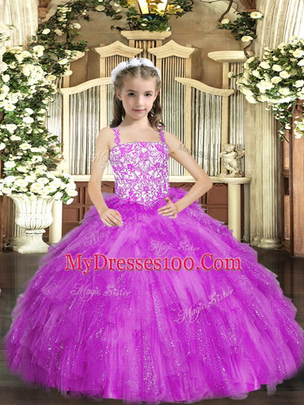 Lilac Ball Gowns Organza Straps Sleeveless Beading and Ruffles Floor Length Lace Up Pageant Gowns For Girls