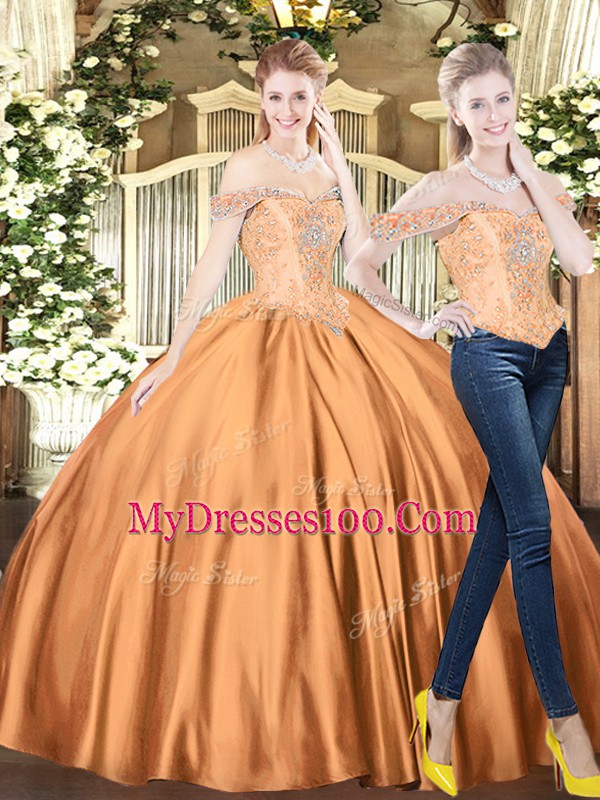 Traditional Brown Off The Shoulder Neckline Beading Quinceanera Dresses Sleeveless Lace Up