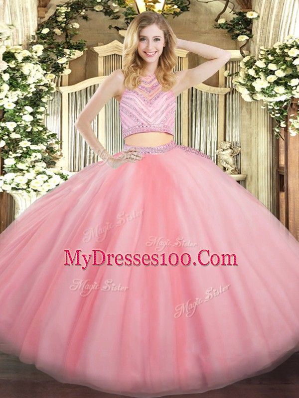 Baby Pink Tulle Zipper Quinceanera Dresses Sleeveless Floor Length Beading