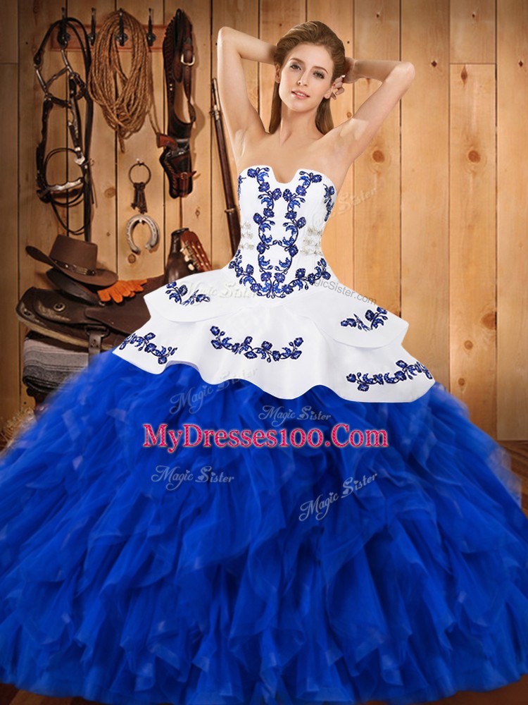 Embroidery and Ruffles Quinceanera Dress Royal Blue Lace Up Sleeveless Floor Length