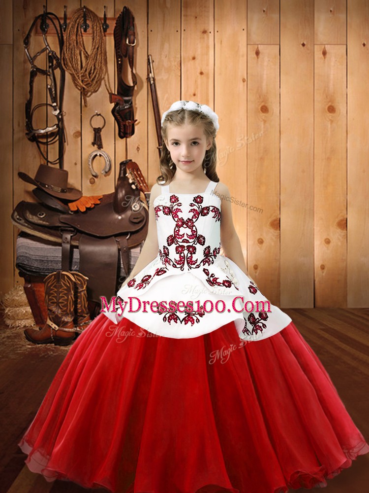 Embroidery Little Girls Pageant Gowns White And Red Lace Up Sleeveless Floor Length
