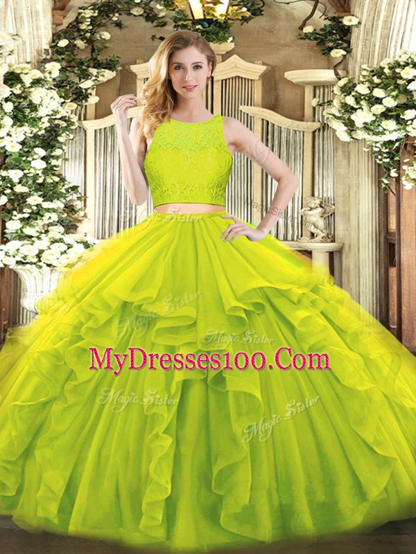 Floor Length Two Pieces Sleeveless Yellow Green 15th Birthday Dress Zipper