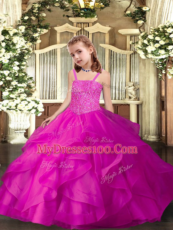 Fuchsia Ball Gowns Ruffles Child Pageant Dress Lace Up Organza Sleeveless Floor Length