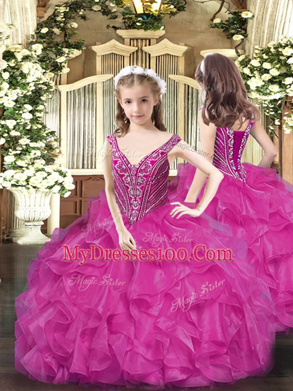 Fashion Fuchsia Lace Up Pageant Dress Wholesale Beading and Ruffles Sleeveless Floor Length