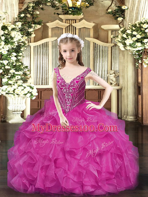 Fashion Fuchsia Lace Up Pageant Dress Wholesale Beading and Ruffles Sleeveless Floor Length