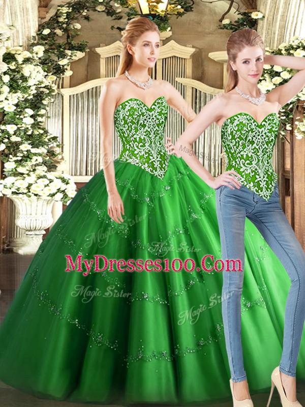 Nice Floor Length Lace Up 15th Birthday Dress Green for Military Ball and Sweet 16 and Quinceanera with Beading