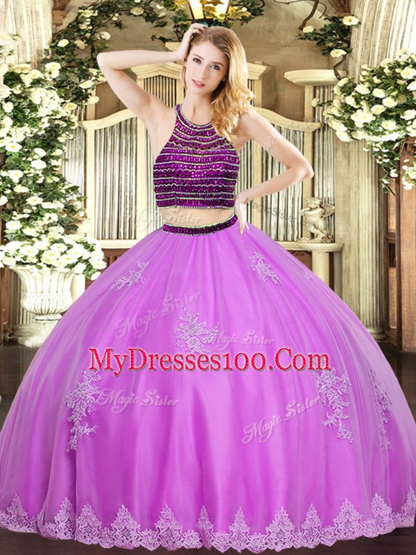 Dramatic Tulle Sleeveless Floor Length Quinceanera Gown and Beading and Appliques