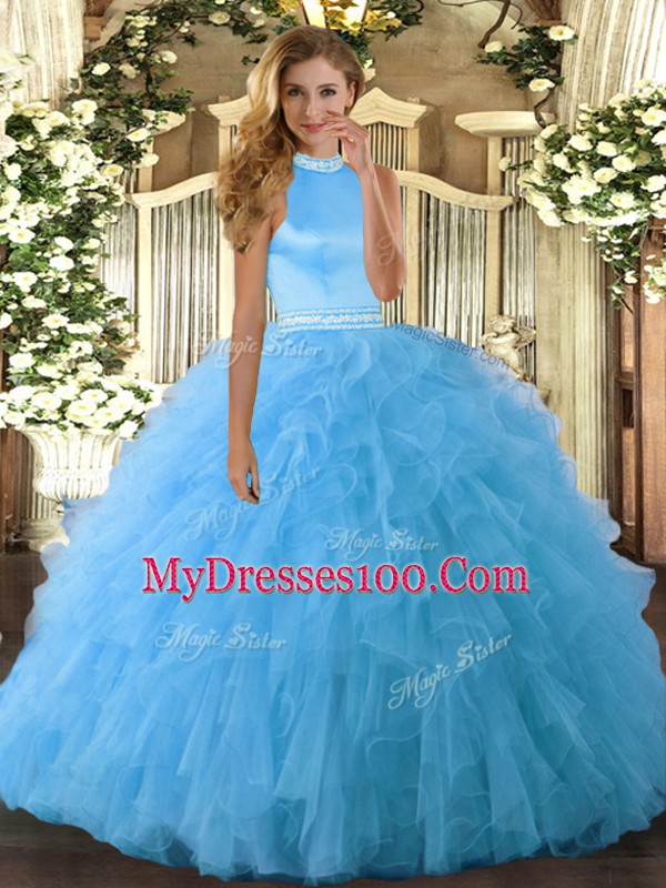 Pretty Floor Length Mermaid Sleeveless Baby Blue Quinceanera Dress Backless