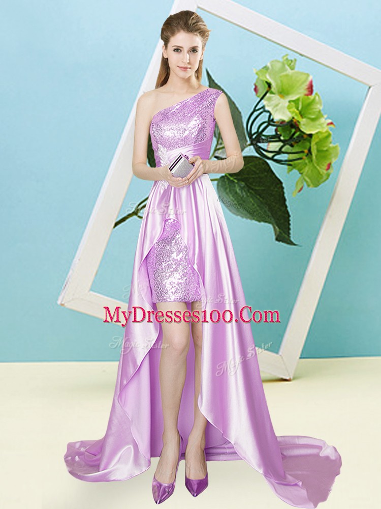 Graceful One Shoulder Sleeveless Elastic Woven Satin and Sequined Prom Dress Sequins Lace Up