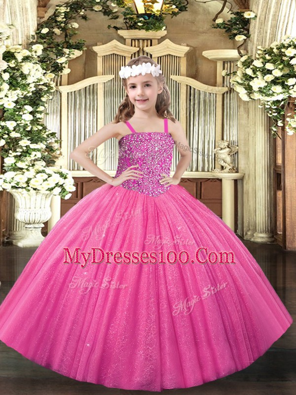 Fashionable Hot Pink Sleeveless Floor Length Beading Lace Up Kids Formal Wear